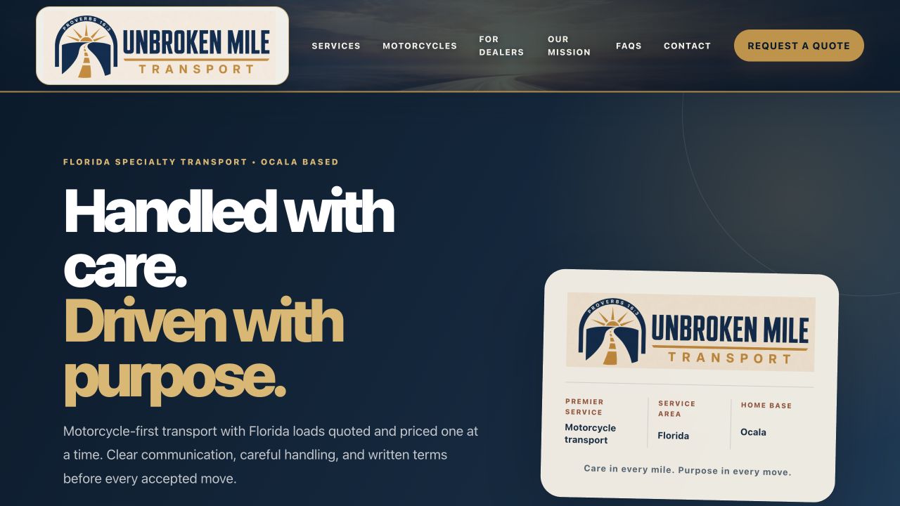 Unbroken Mile Transport website homepage